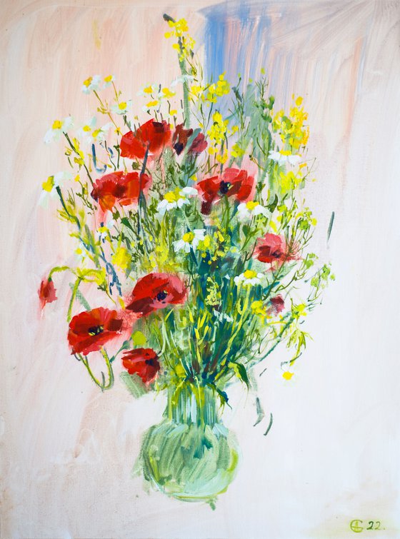 Poppies and camomiles. Summer bouquet in a studio. Bright colors medium size interior abstract flowers red yellow tender