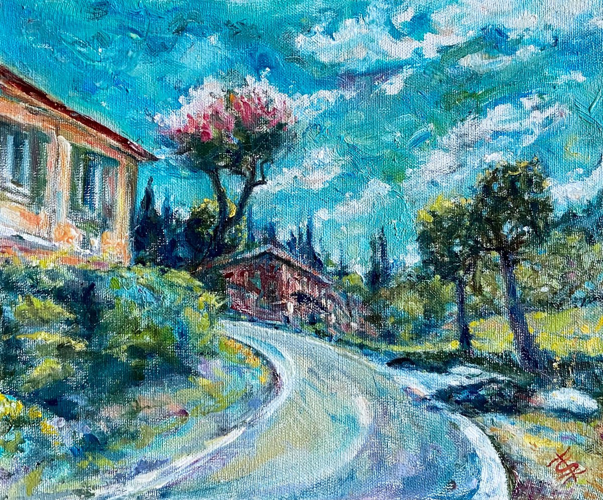 Impressionistic Landscape Oil Painting By Elvira Sesenina, 12 X 10, Road To Bologna, Original Artwork