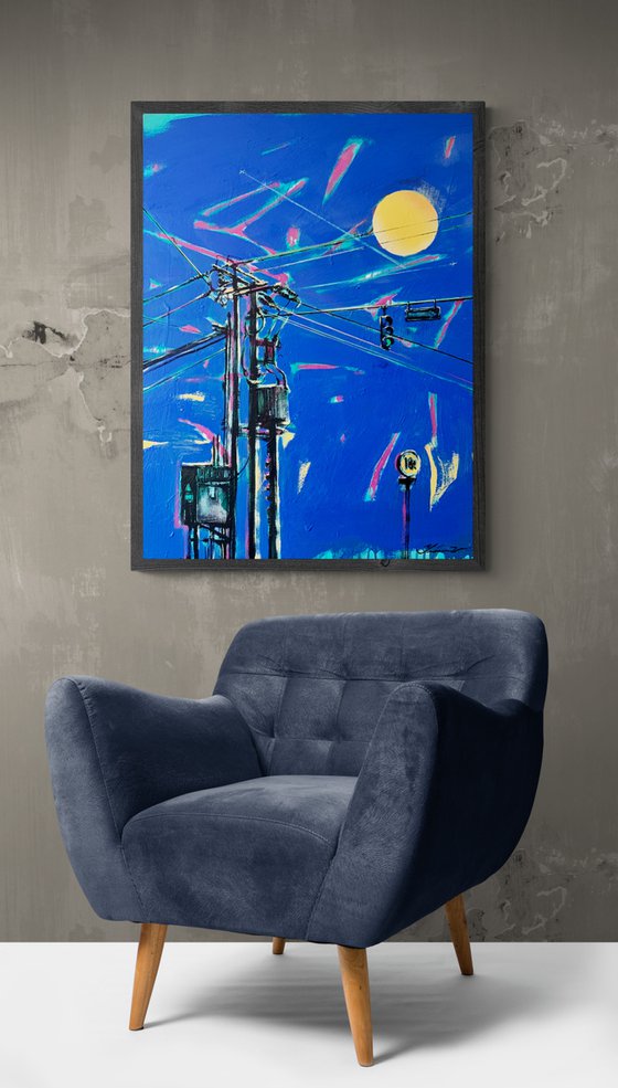 Urban painting - "Yellow moon" - Pop art - Bright - Street art - Electric pole - Urban - Sunset