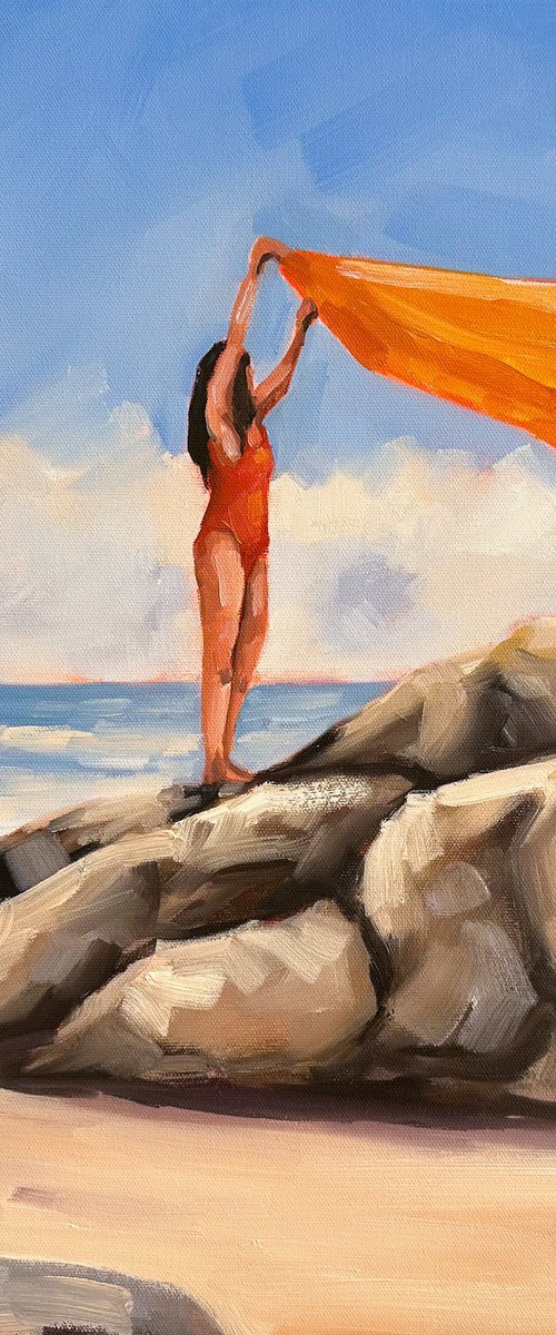 Girl on the Rocks - Woman on Beach Original Coastal Art Painting by Daria Gerasimova