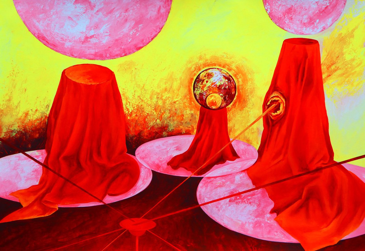 Geometric painting in bright red and yellow colors by Tetiana Borys