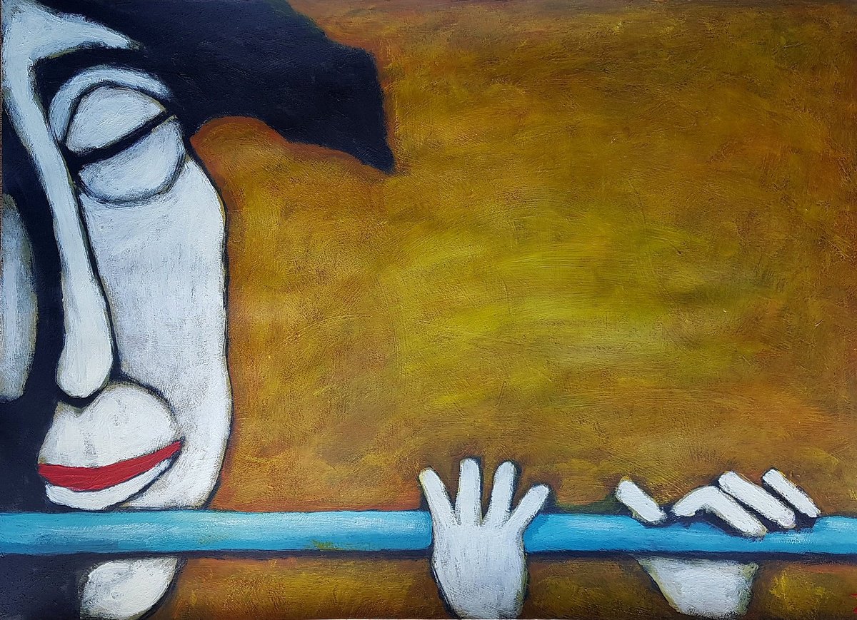 Naive Portrait Acrylic Painting By Zhana Viel, 33 X 24", Fluit Musiek Iv (84Cm X 60Cm X 0.1 Cm), Original Artwork