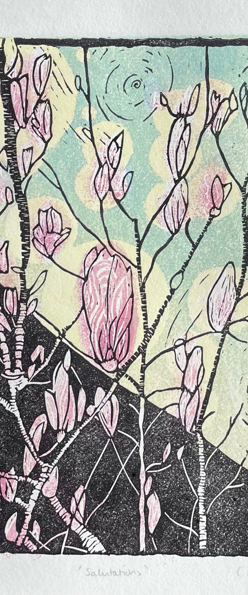 Salutations - Magnolia Blossom Contemporary Linocut Print by C Staunton