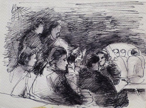 Musical Evening in the Bolognian Osteria, life drawing on paper napkin, 20x15 cm by Frederic Belaubre