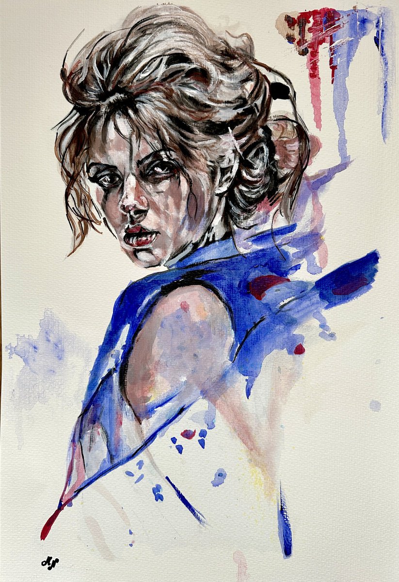 Expressive Portrait Acrylic Painting By Misty Lady - M. Nierobisz, 13 X 19", Blue Expression, Original Artwork