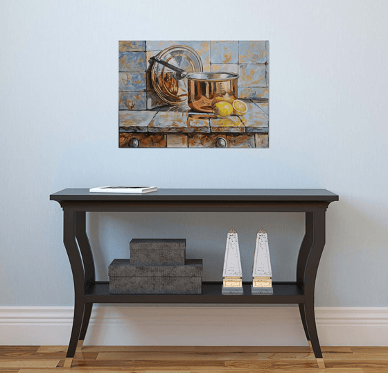 Simple joy. Copper pot and lemons.