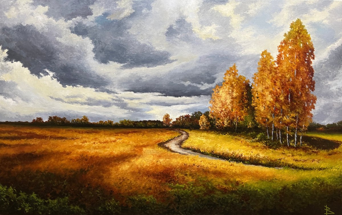 Impressionistic Landscape Oil Painting By Oleg Baulin, 31 X 20", Autumn Meadows, Original Artwork