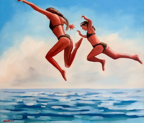 Swimmers - Women Dive in Sea Water Summer Vibes Painting by Daria Gerasimova