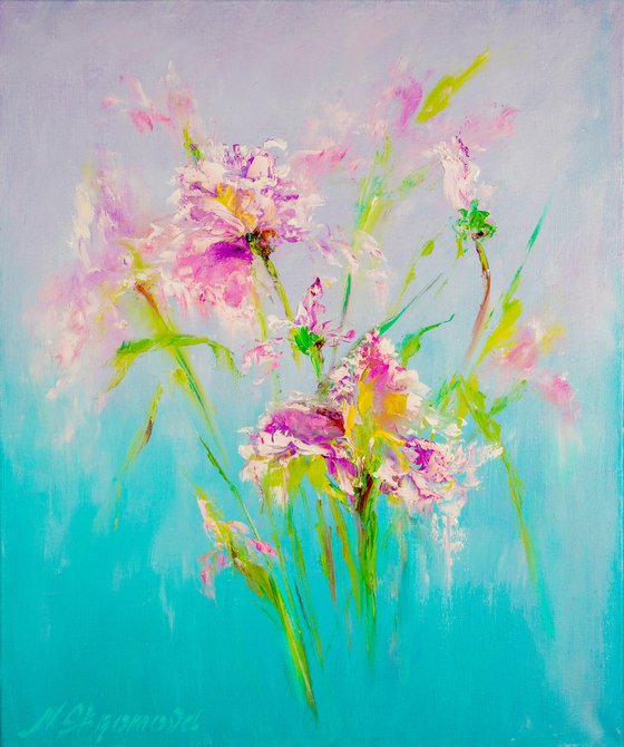 MOMENTS FROM DREAMS - Air flowers. Pink irises. Lovely bouquet. Present. Gradient. Botanical. Blue background.