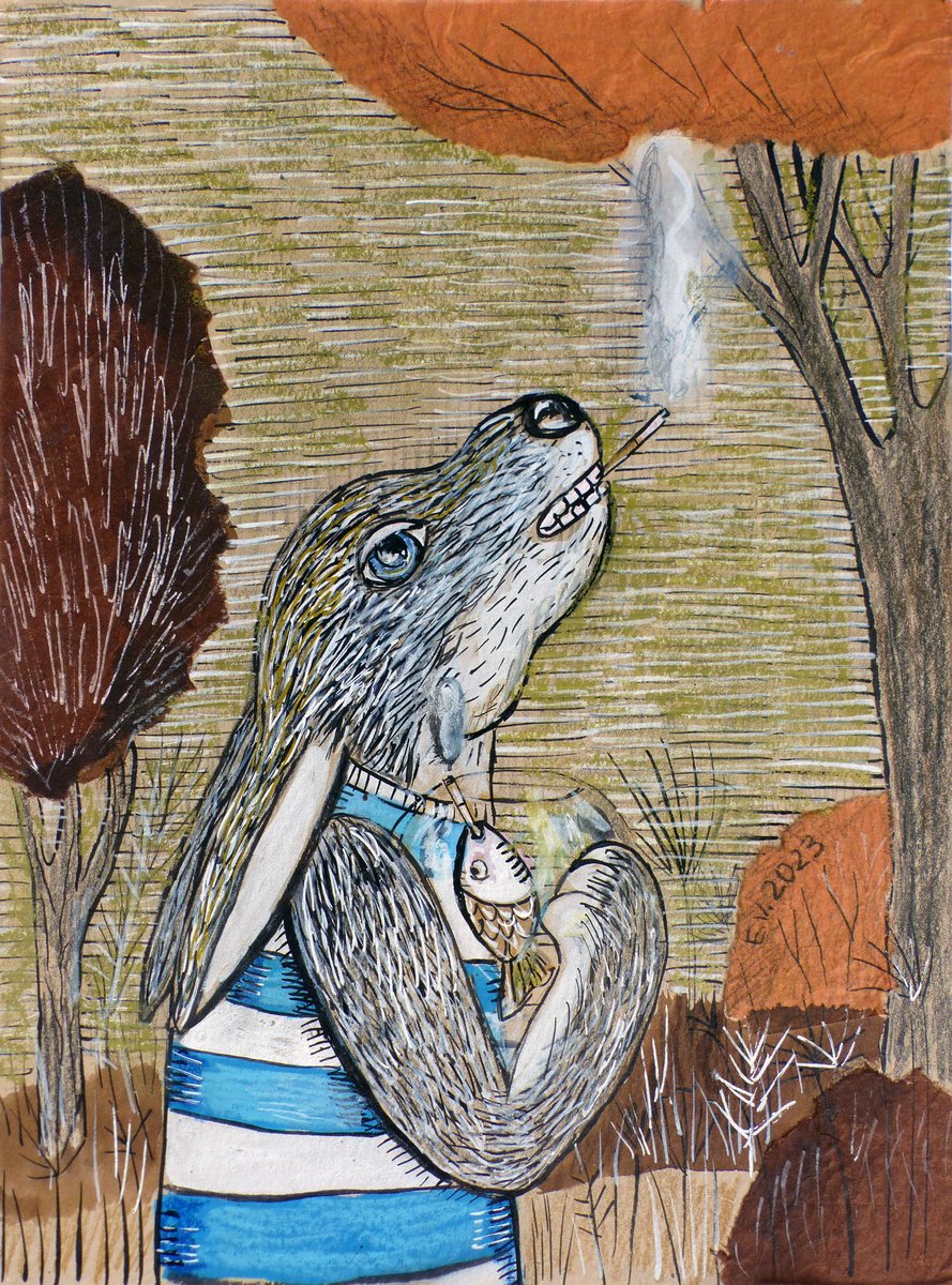 Naive Animal Painting By Elizabeth Vlasova, 9 X 12, Autumn Mood#2, Original Artwork