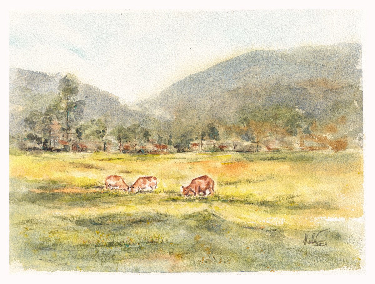 Landscape Watercolour By Hua Le, 15 X 11, Summer Noon, Original Artwork