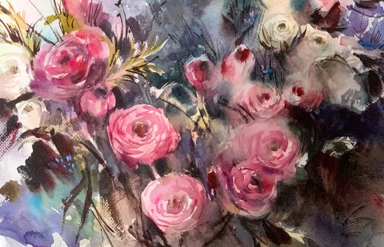 Roses and Other Flowers Watercolor Painting, Pink Floral Bouquet Watercolour Artwork