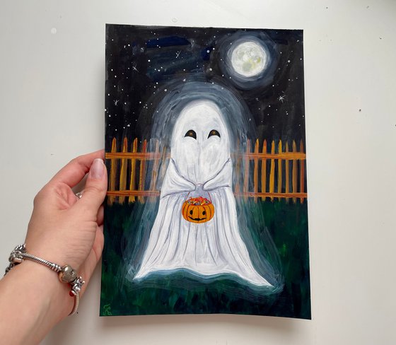 Halloween Gouache Painting Original, Ghost Wall Art, Cute Spooky Artwork, Fall Home Decor