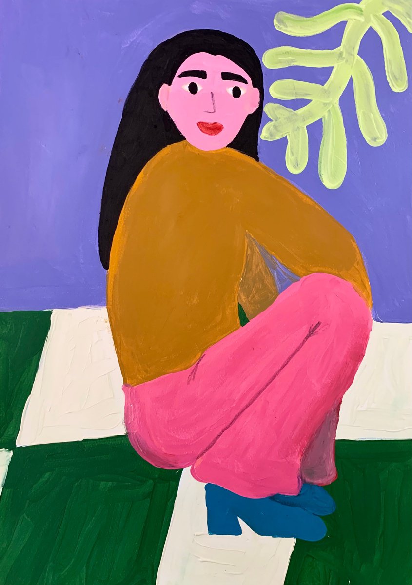 Urban And Pop Portrait Acrylic Painting By Aurora Camaiani, 14 X 20, Girl With Gold Sweater, Original Artwork