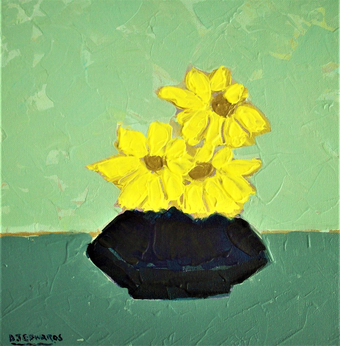 Impressionistic Botanical Acrylic Painting By David J Edwards, 12 X 12, Yellow Trio, Original Artwork
