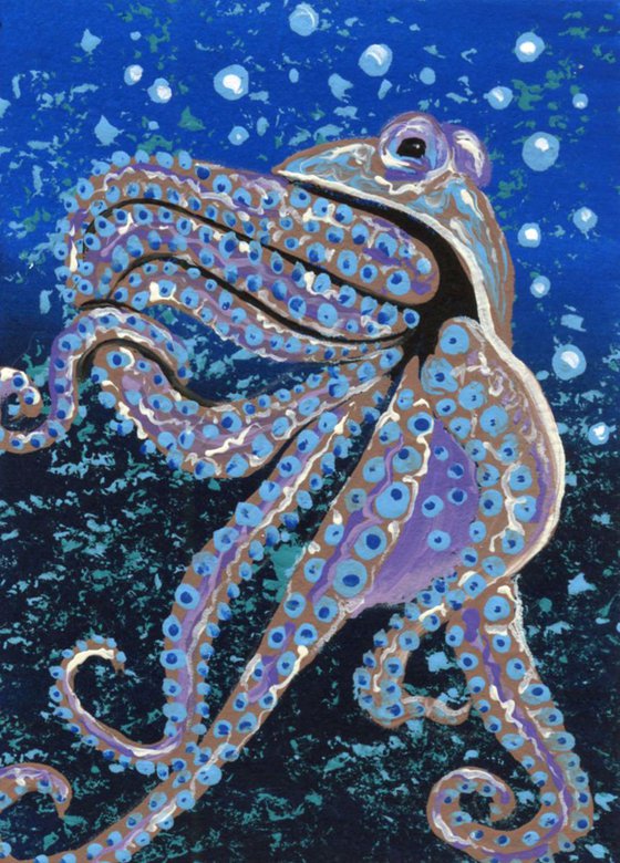 ACEO ATC Original Painting Octopus Marine Wildlife Art-Carla Smale