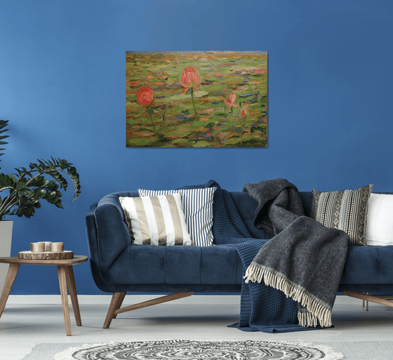 ROSE LOTUS - Landscape water lily pond, lilies, original painting, oil on canvas, interior home decor, 73x105