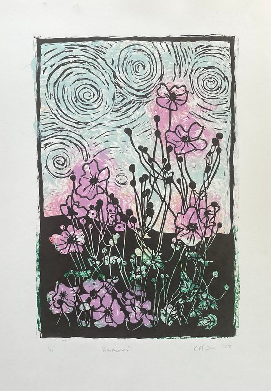 Anemones - Flower Contemporary Linocut Print