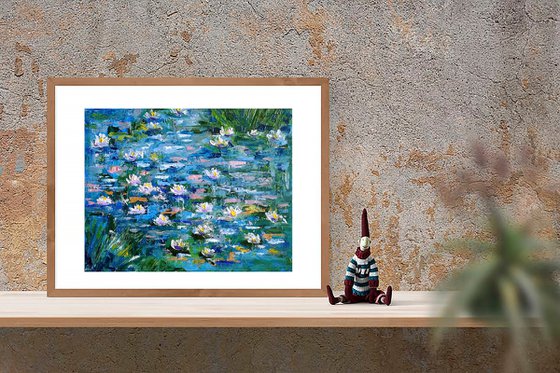 Water Lily Painting Original Art Monet Pond Landscape Artwork Impasto Floral Wall Art