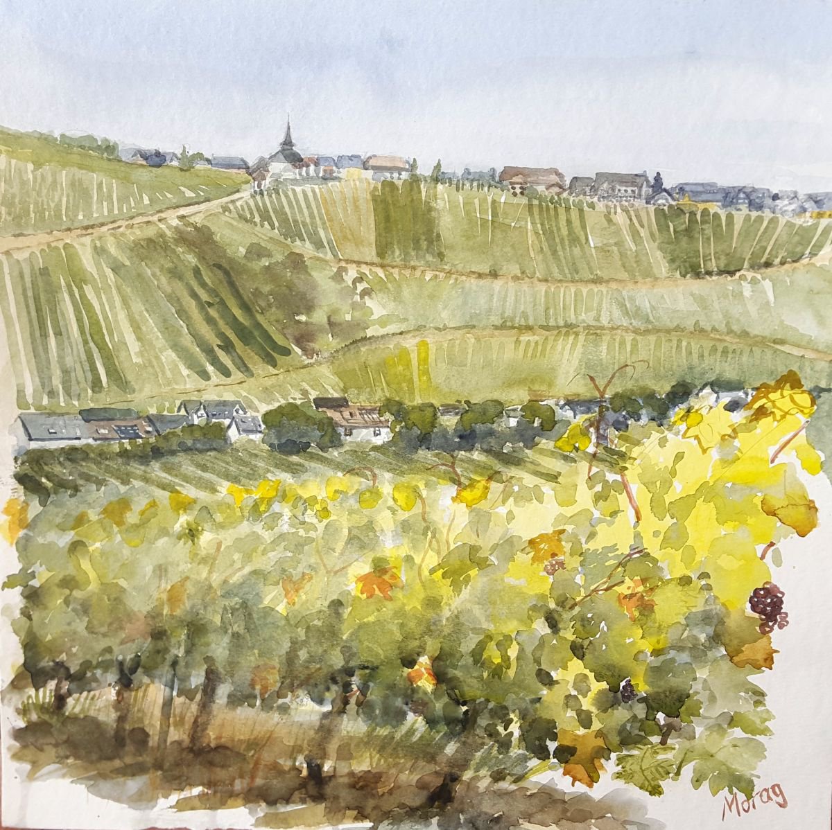 Impressionistic Landscape Watercolour By Morag Paul, 20 X 20", Vineyards On The Mosel, Original Artwork