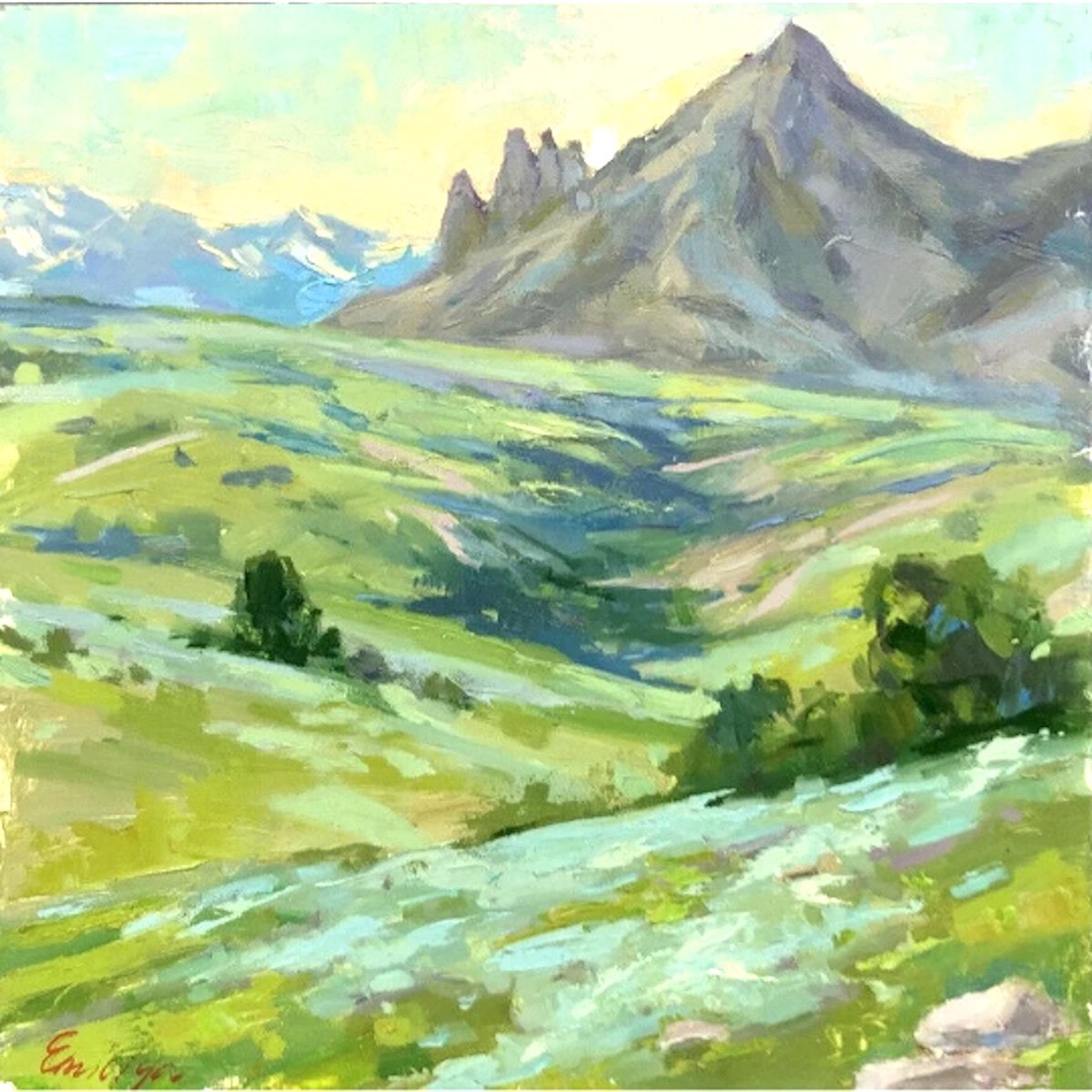 Montana Mountains original painting oil on canvas landscape impressionism art 12x12 by Emiliya Lane