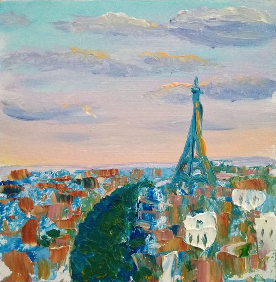 Paris cityscape. Sunset. Miniature painting