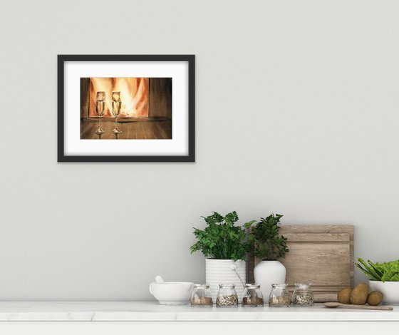 Cozy evening by the fireplace. Two glasses of champagne by the fireplace. Original watercolor artwork.