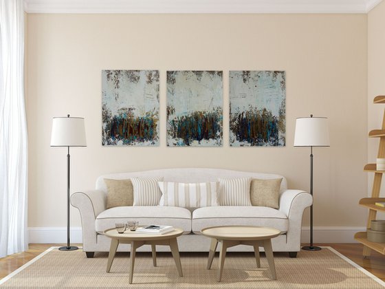 Large Abstract Painting. Modern Blue and Gold Textured Art. Painting with Structures. Triptych