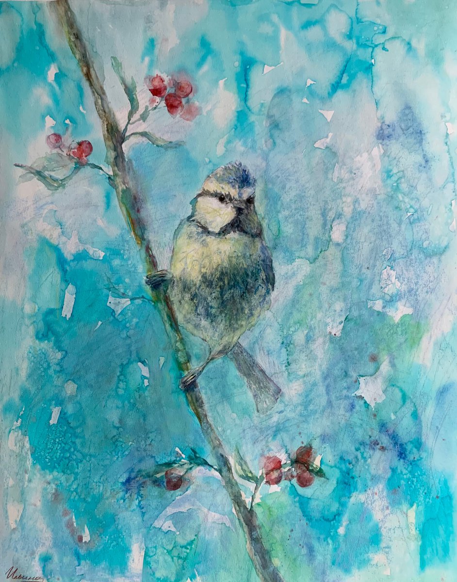 SPRING BIRD- Pastel and watercolor drawing on paper, original gift, blue color, home inter... by Tatsiana Ilyina