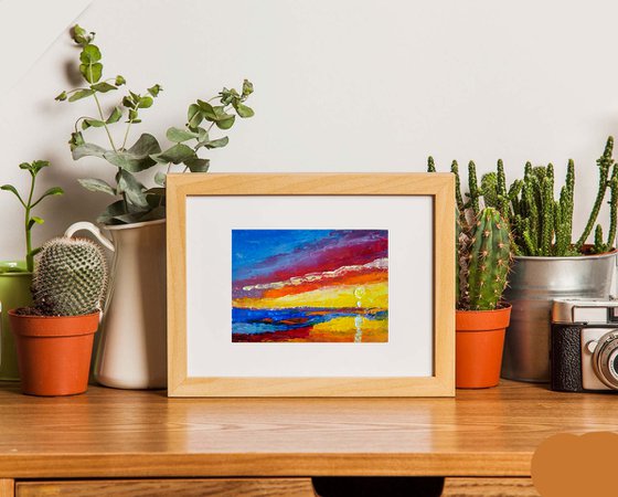 Sunset Oil Painting Seascape Original Art Abstract Artwork Landscape Small Wall Art