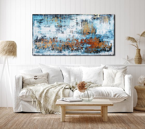 WINTER MORNING * 63" x 31.5" * ACRYLIC PAINTING ON CANVAS * WHITE * BLUE * GOLD