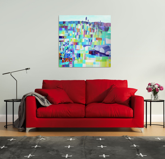 Patchwork landscape (large contemporary semi abstract painting, ready to hang abstract landscape)