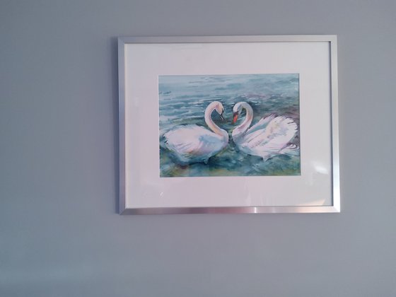Swan painting, Swans in love, Original watercolour painting, Heart shape,