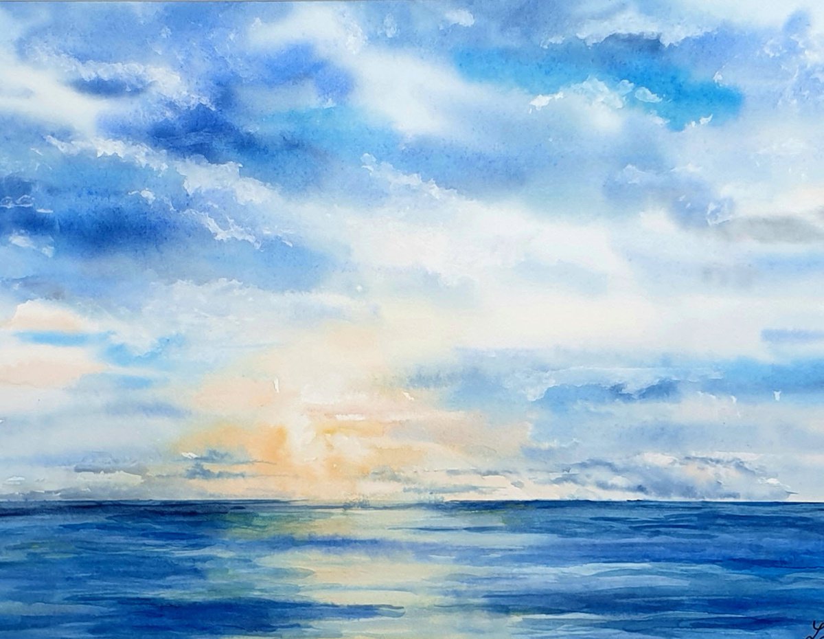 Impressionistic Watercolour , Sunset Over The Mediterranean Sea By Elena Genkin, 14 X 11, Artwork For Sale On Artfinder