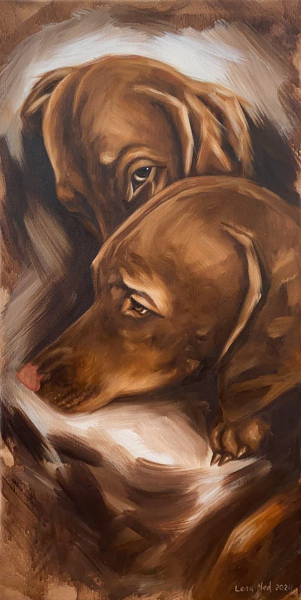 Expressive Animal Oil Painting By Lena Med, 10 X 20", Love Stories Ll, Original Artwork