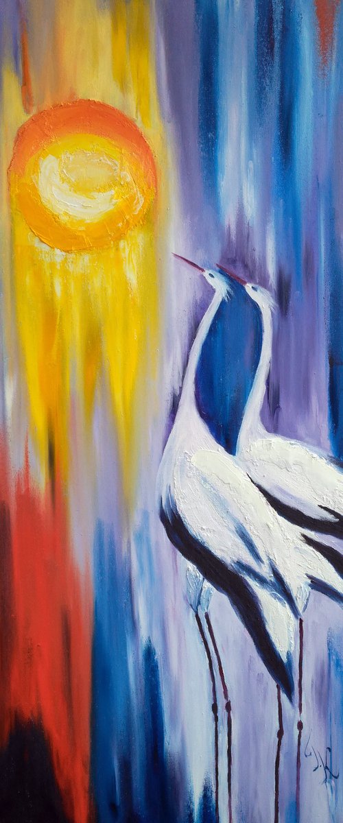 Storks Painting Bird Original Art Couple Abstract Oil Impasto Animal Artwork Home Wall Art 20 by 32" by Halyna Kirichenko by Halyna Kirichenko