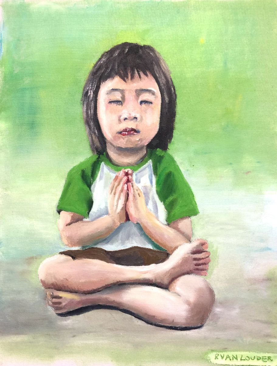 Peace On Earth oil on paper 14.8 x 11.5 child praying - painting of a child - picture of a... by Ryan  Louder