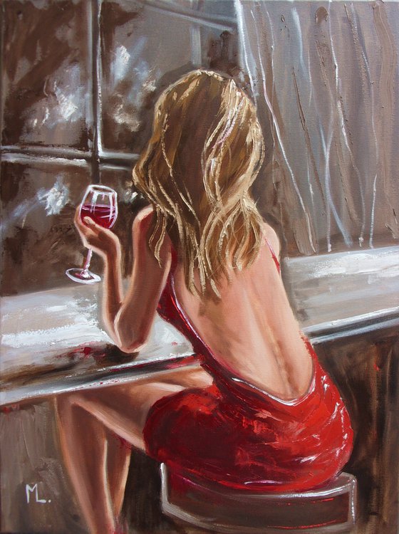 " LONELY EVENING ... "- red wine liGHt  ORIGINAL OIL PAINTING, GIFT, PALETTE KNIFE (2021)