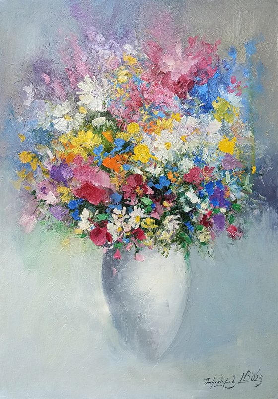 Colorful flowers (50x70cm, oil painting, ready to hang)