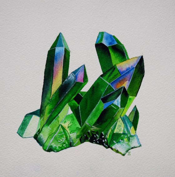 Crystal Painting, Green Quartz Art, Gemstone Watercolour Painting, Mineral Wall Art