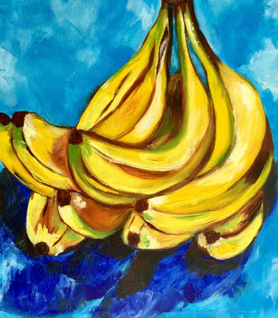 Bananas on  turquoise  Still life. Palette knife painting on linen canvas