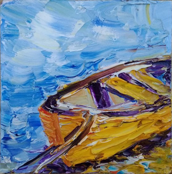 Yellow Fishing boat miniature painting