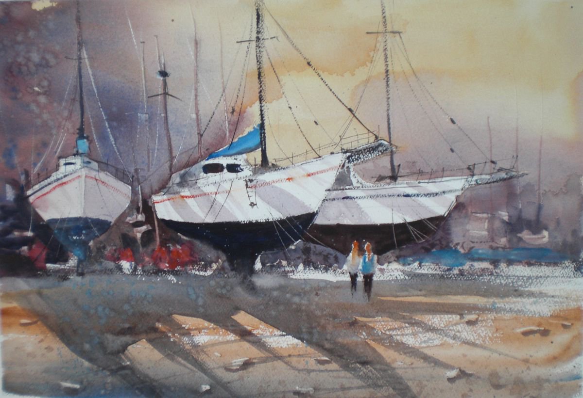 Expressive Landscape Watercolour By Giorgio Gosti, 18 X 12, Shipyard, Original Artwork