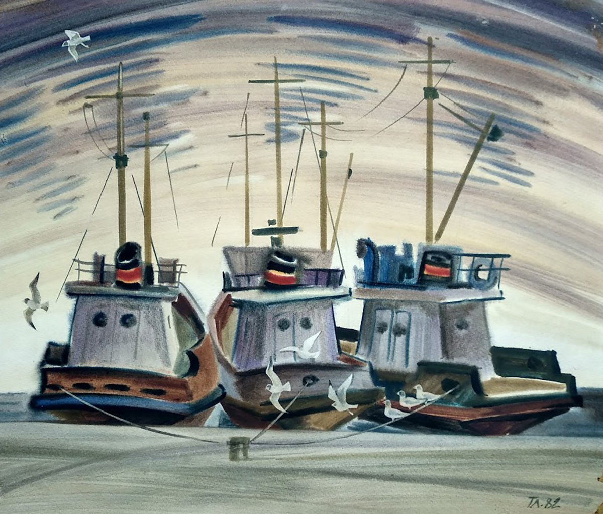 Impressionistic Landscape Watercolour By Liubov Palii, 28 X 24", Sea Ships, Original Artwork