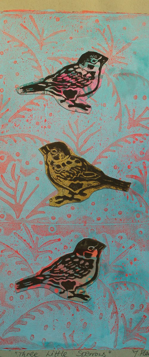 Three Little Sparrows (mixed media) by Joanna Plenzler