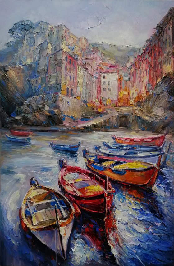 "Riomaggiore" original Italian Landscape painting  by Artem Grunyka