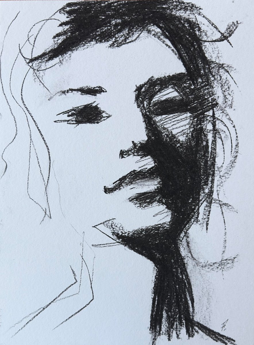 Impressionistic Portrait Charcoal Drawing By Nikola Gulev, 12 X 17", "Veil Of Beauty", Original Artwork