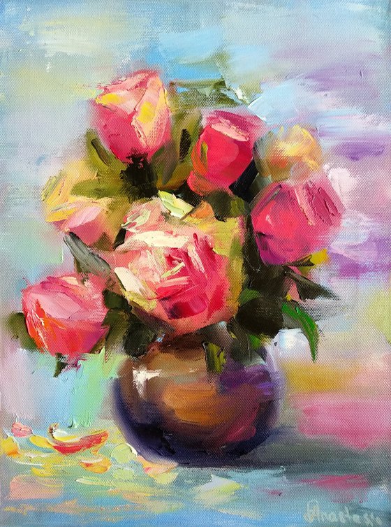 Roses Bouquet Floral Gift Still Life Blue Pink Green Flowers In Vase