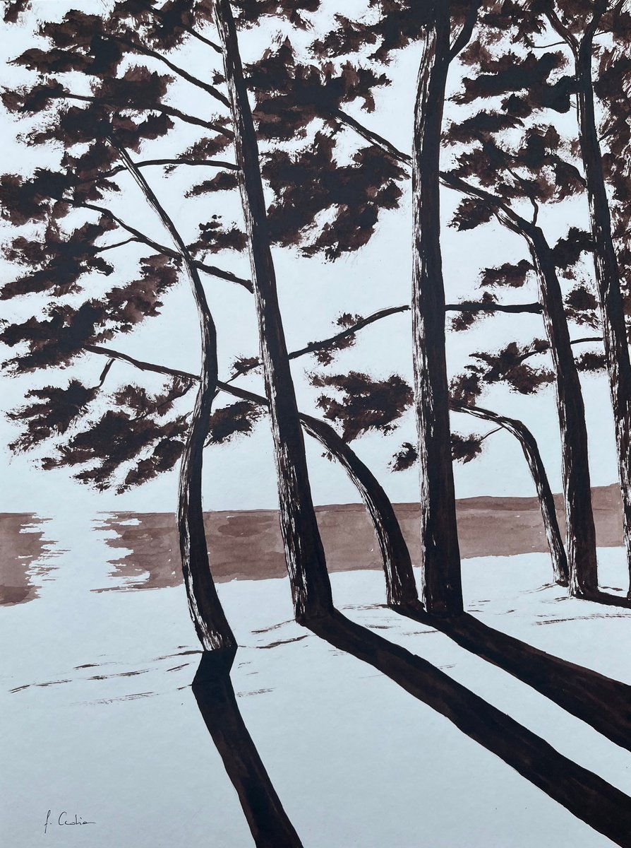 Painting , Cap Coz Beach - Burnt Umber Ink By Cadiou Frederic, 13 X 17, Artwork For Sale On Artfinder