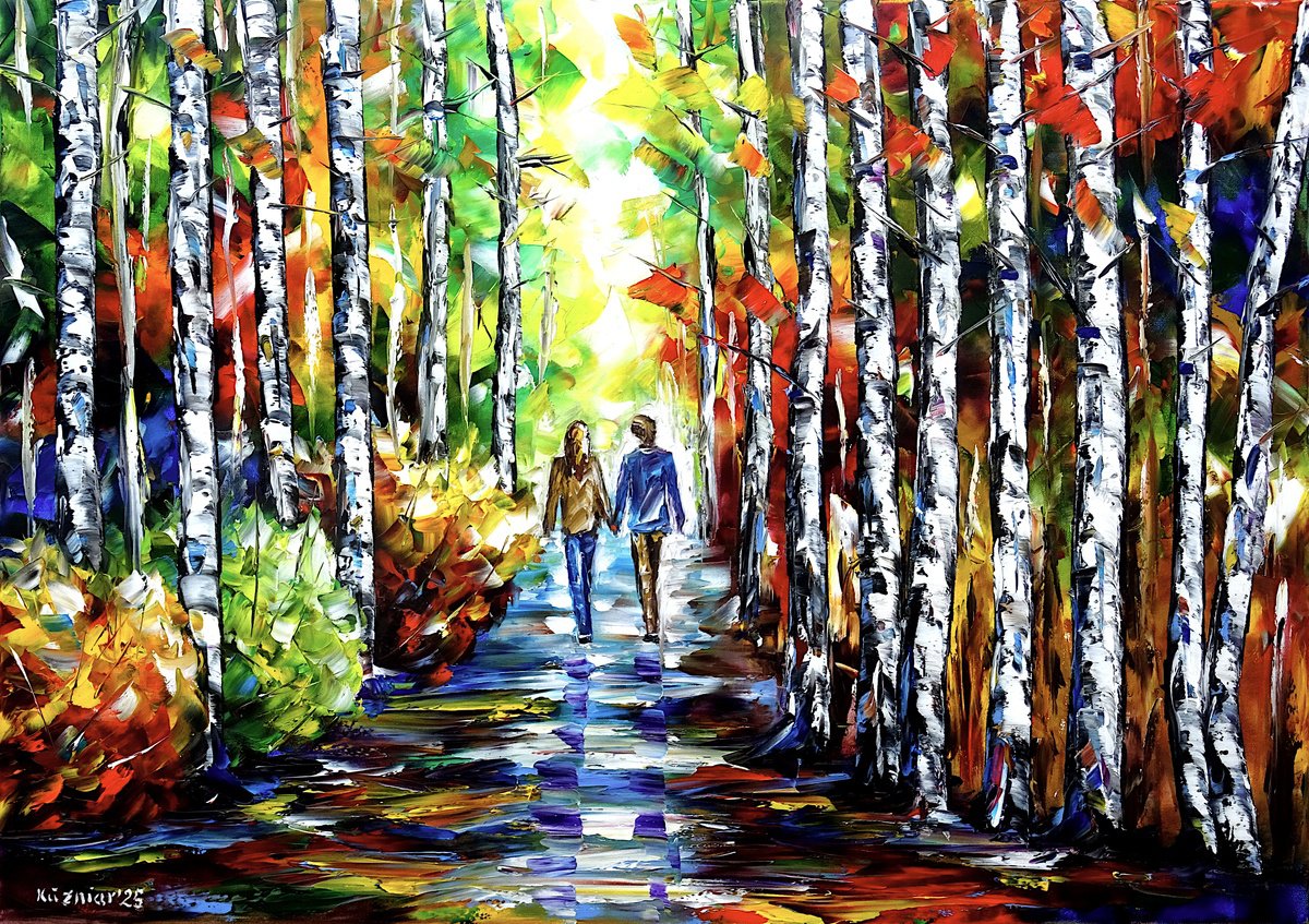 Expressive Oil Painting , Walk In The Birch Forest By Mirek Kuzniar, 28 X 20, Artwork For Sale On Artfinder